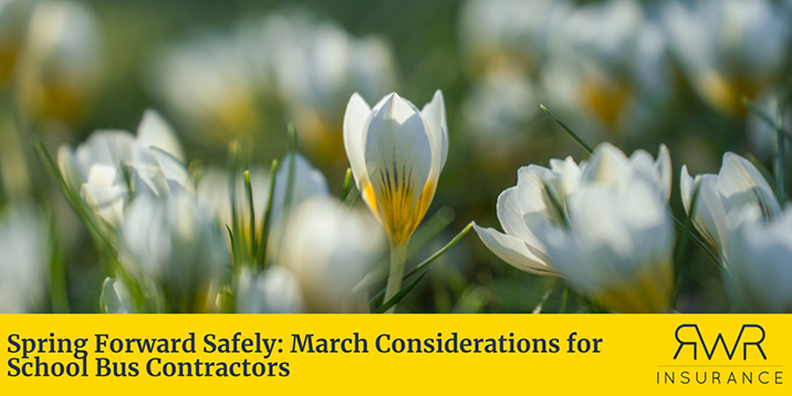 a close-up, shallow-depth-of-field photograph of white and yellow crocus flowers blooming in a field. Below the photo is a solid yellow banner with the title "Spring Forward Safely: March Considerations for School Bus Contractors" on the left and the "RWR Insurance" logo on the right. - https://www.delawareschoolbusinsurance.com/