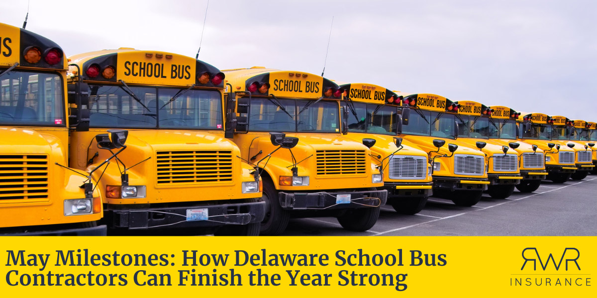 Yellow school bus on a Delaware road in spring — school bus contractor insurance